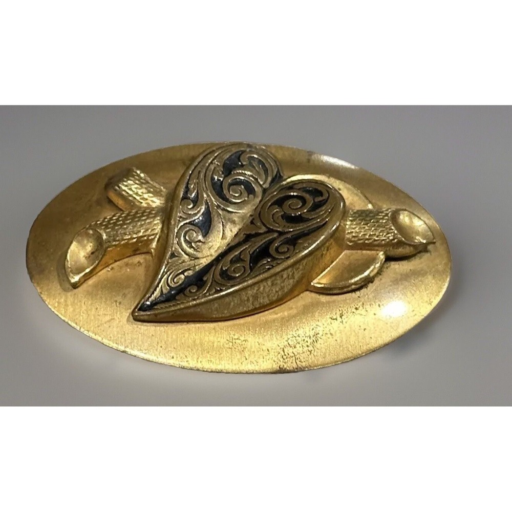 Vintage Victorian Revival Heart Brooch Gold Tone Dimensional